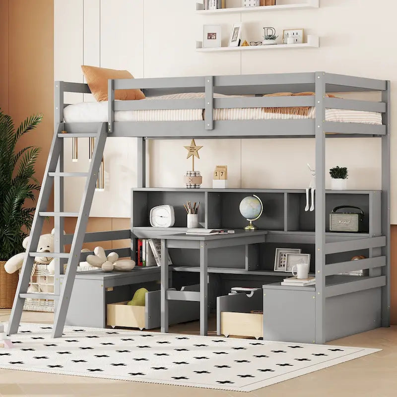 Twin Size Wood Loft Bed with Storage Shelves, Drawers, Seat And Desk for Bedroom