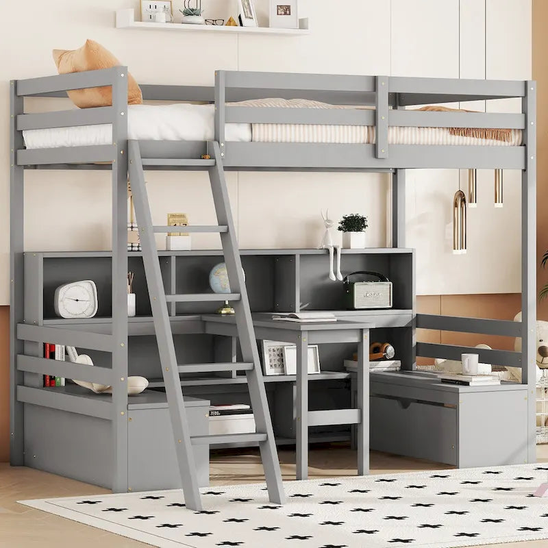 Twin Wood Loft Bed with Desk, Storage Shelves, Drawers, and Seat