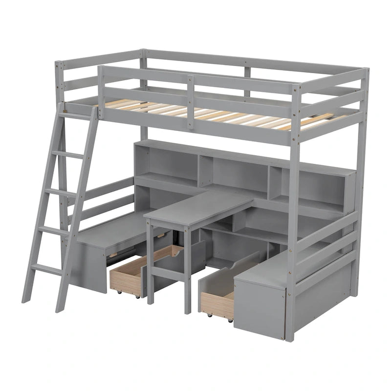 Twin Wood Loft Bed with Desk, Storage Shelves, Drawers, and Seat