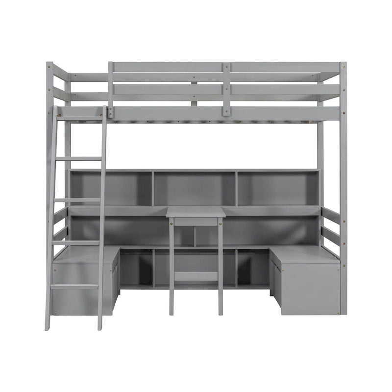 Twin Wood Loft Bed with Desk, Storage Shelves, Drawers, and Seat