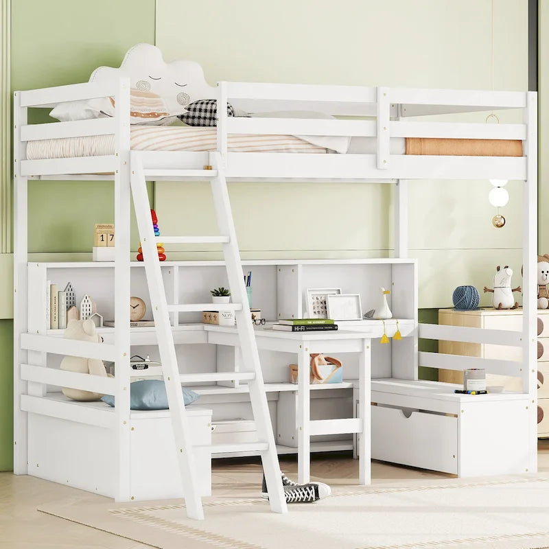 Twin Wood Loft Bed with Desk, Storage Shelves, Drawers, and Seat