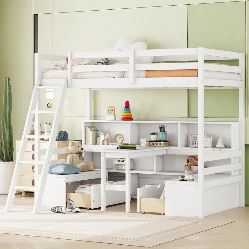 Twin Wood Loft Bed with Desk, Storage Shelves, Drawers, and Seat