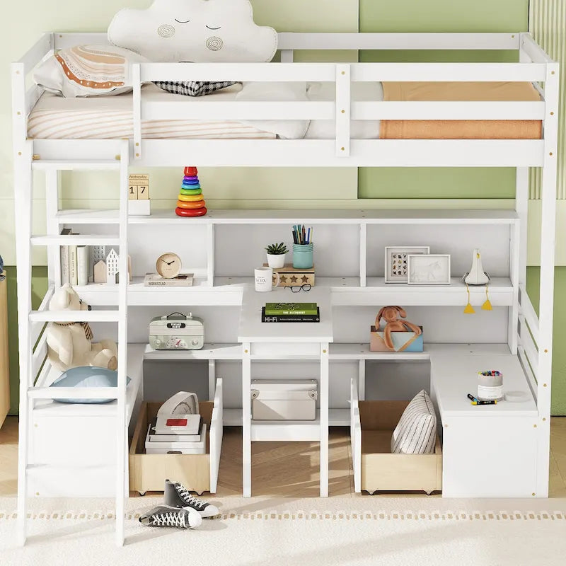 Twin Wood Loft Bed with Desk, Storage Shelves, Drawers, and Seat