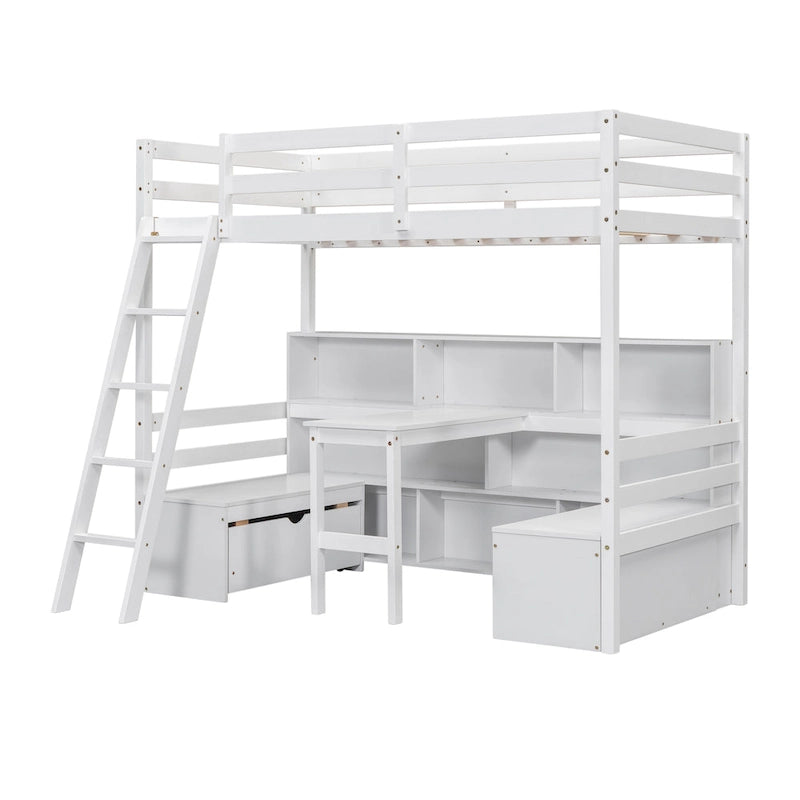 Twin Wood Loft Bed with Desk, Storage Shelves, Drawers, and Seat