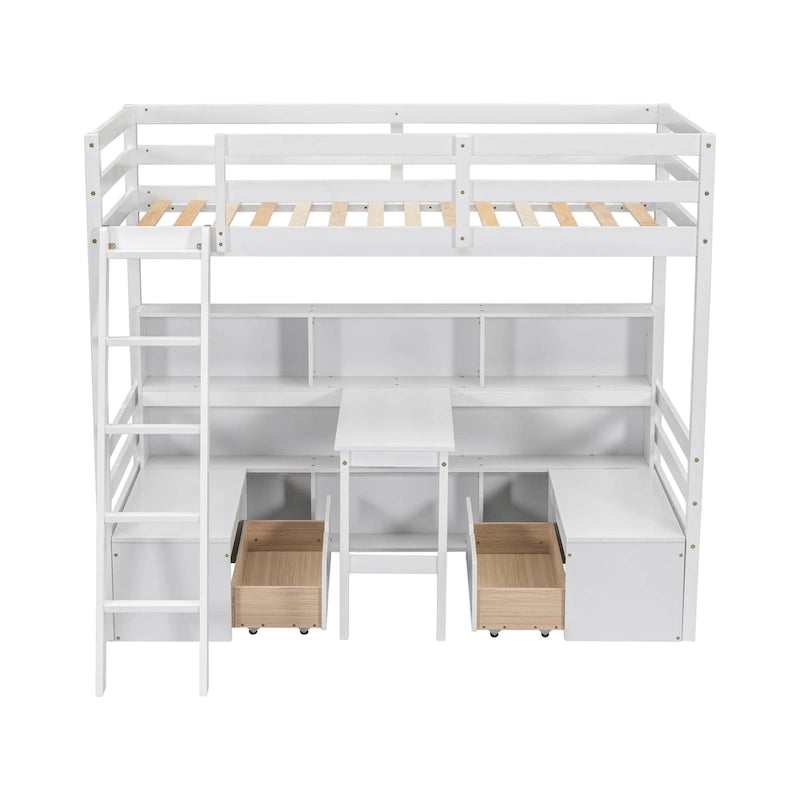 Twin Wood Loft Bed with Desk, Storage Shelves, Drawers, and Seat