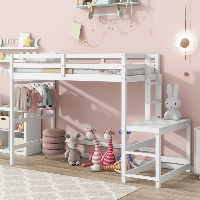 Twin Pine Wood High Loft Bed with Landing Platform, Ladders, Guardrails