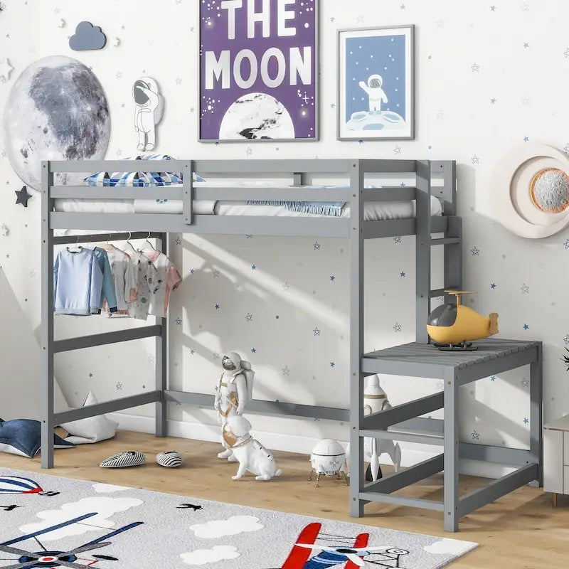 Twin Pine Wood High Loft Bed with Landing Platform, Ladders, Guardrails