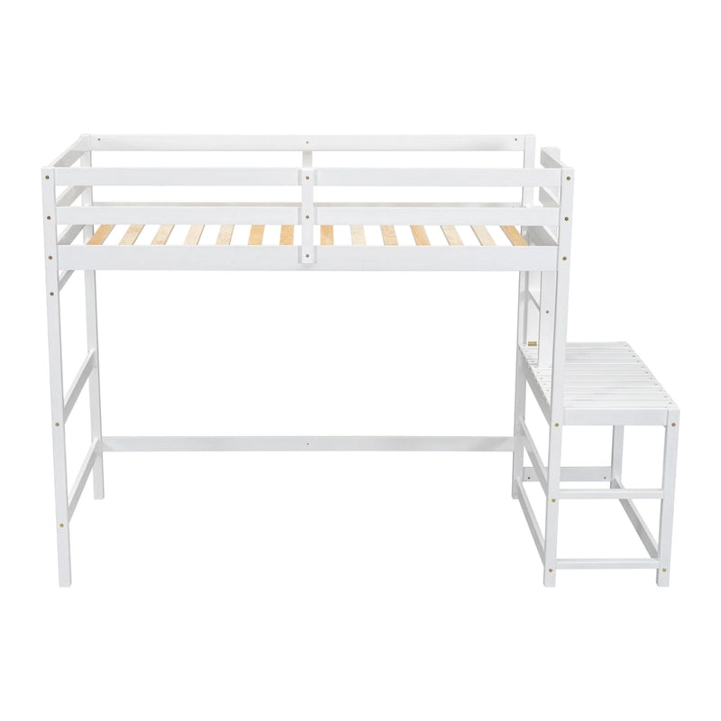 Twin Size Pine Wood High Loft Bed with Ladder landing Platform, Ladders, Guardrails
