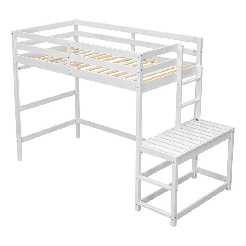 Twin Pine Wood High Loft Bed with Landing Platform, Ladders, Guardrails