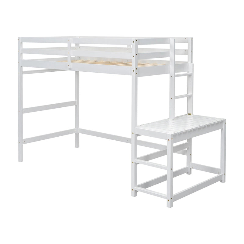 Twin Pine Wood High Loft Bed with Landing Platform, Ladders, Guardrails