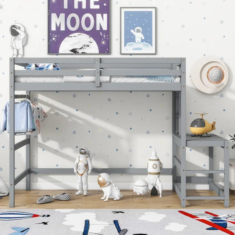 Twin Pine Wood High Loft Bed with Landing Platform, Ladders, Guardrails