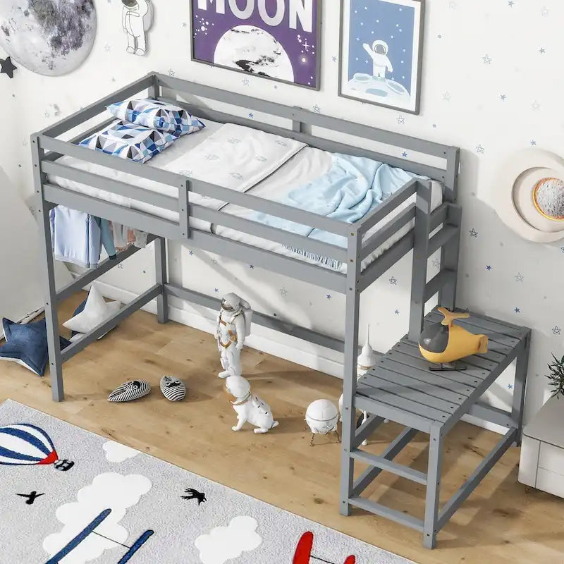 Twin Pine Wood High Loft Bed with Landing Platform, Ladders, Guardrails