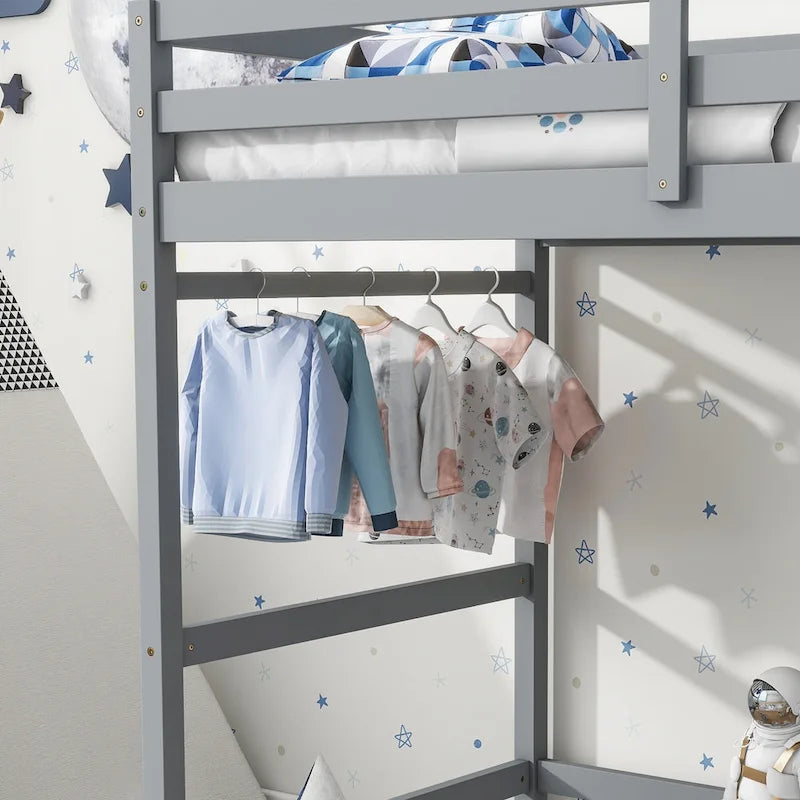 Twin Pine Wood High Loft Bed with Landing Platform, Ladders, Guardrails