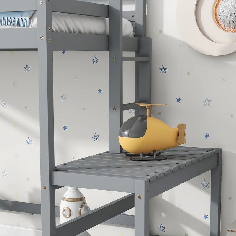 Twin Pine Wood High Loft Bed with Landing Platform, Ladders, Guardrails