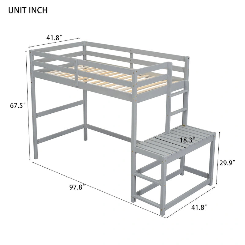 Twin Pine Wood High Loft Bed with Landing Platform, Ladders, Guardrails