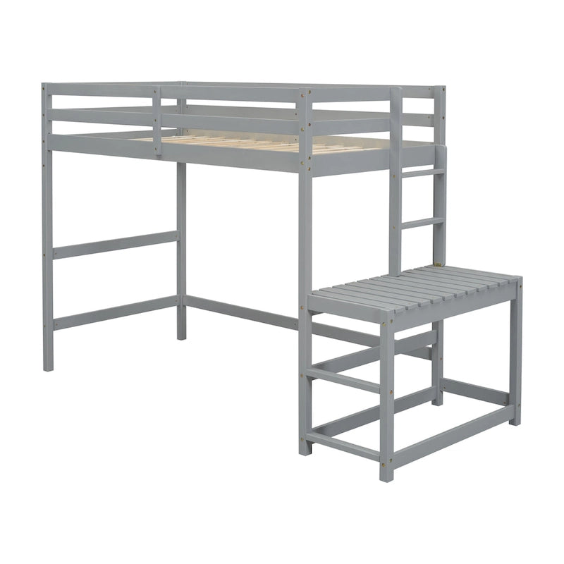 Twin Pine Wood High Loft Bed with Landing Platform, Ladders, Guardrails