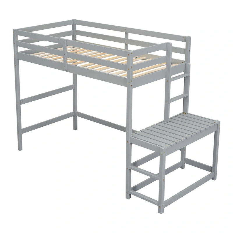 Twin Pine Wood High Loft Bed with Landing Platform, Ladders, Guardrails