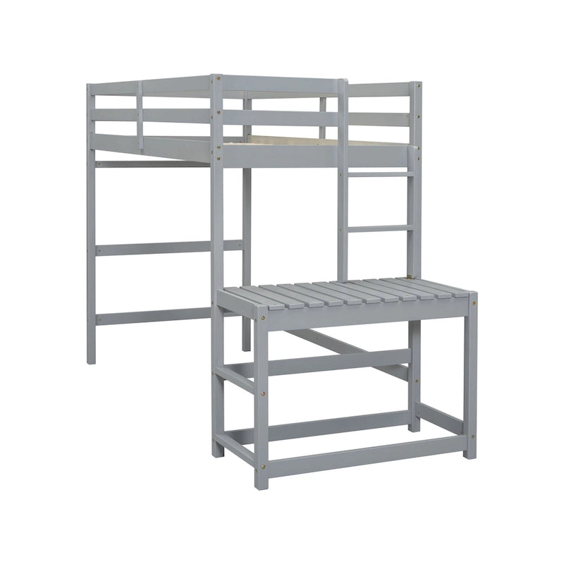 Twin Pine Wood High Loft Bed with Landing Platform, Ladders, Guardrails