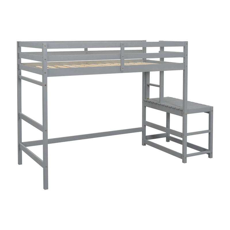 Twin Pine Wood High Loft Bed with Landing Platform, Ladders, Guardrails
