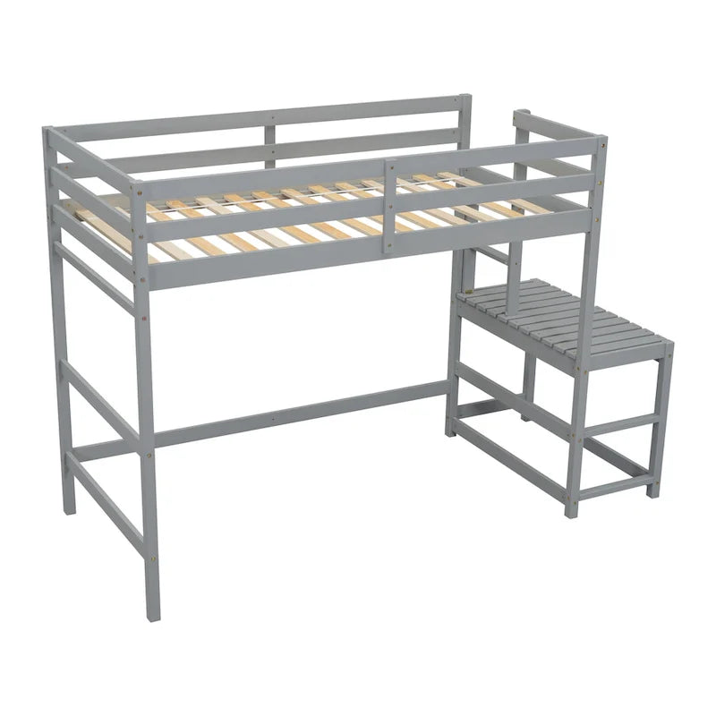 Twin Pine Wood High Loft Bed with Landing Platform, Ladders, Guardrails
