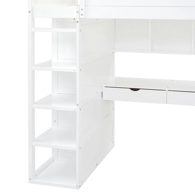 Twin Solid Wood Loft Bed with Desk, Wardrobes, 4 Drawers, 4 Shelves
