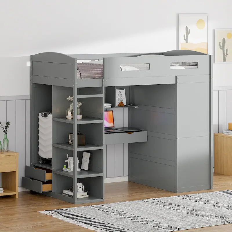 Twin Solid Wood Loft Bed with Desk, Wardrobes, 4 Drawers, 4 Shelves