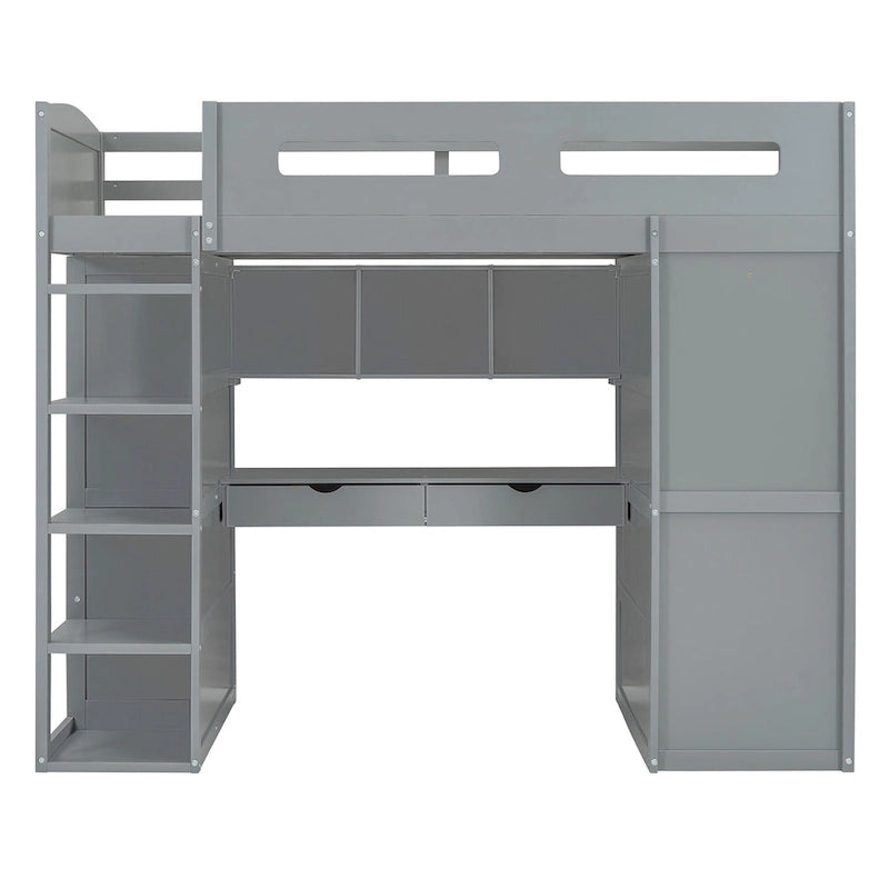 Twin Solid Wood Loft Bed with Desk, Wardrobes, 4 Drawers, 4 Shelves