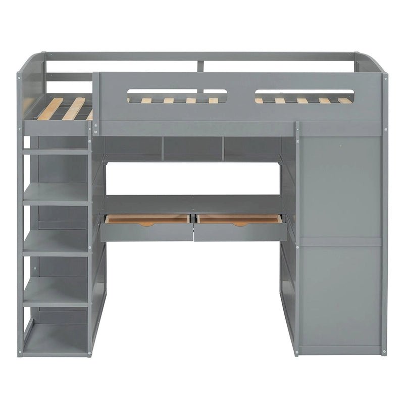 Twin Solid Wood Loft Bed with Desk, Wardrobes, 4 Drawers, 4 Shelves