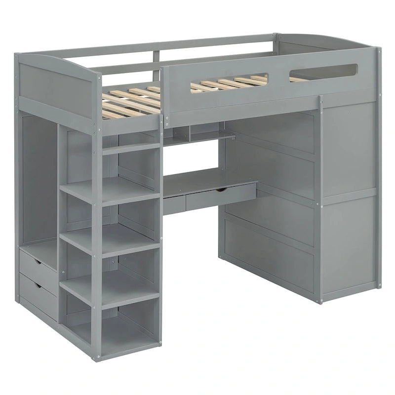 Twin Solid Wood Loft Bed with Desk, Wardrobes, 4 Drawers, 4 Shelves