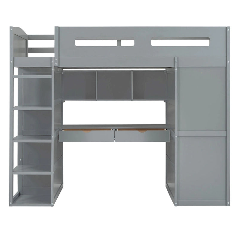 Twin Solid Wood Loft Bed with Desk, Wardrobes, 4 Drawers, 4 Shelves