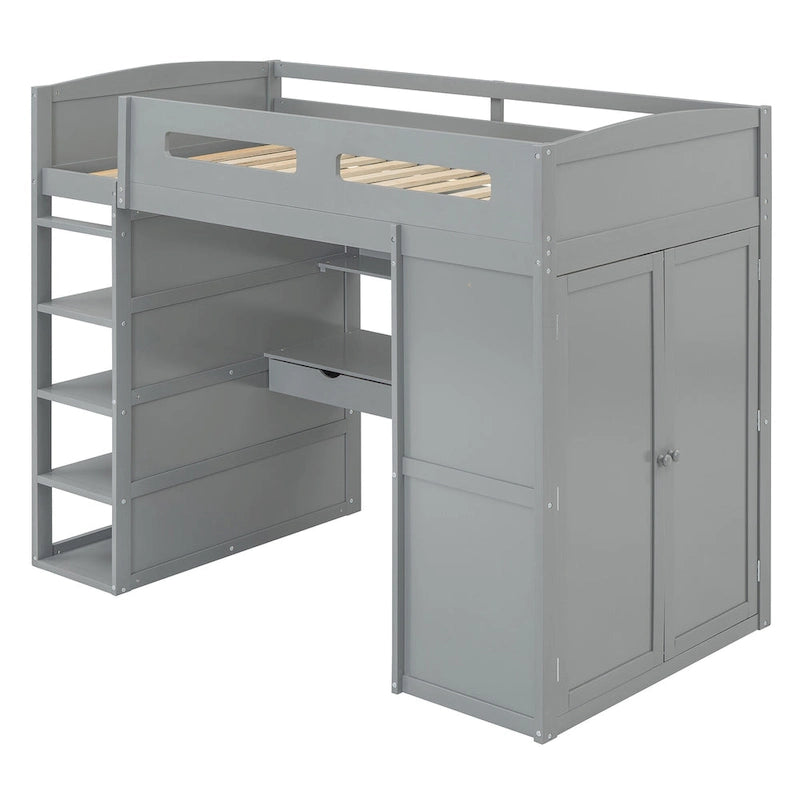 Twin Solid Wood Loft Bed with Desk, Wardrobes, 4 Drawers, 4 Shelves