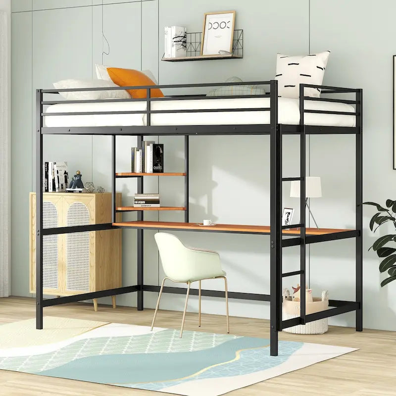 Metal Loft Bed with Desk, Ladder, and Shelves for Kids and Teens