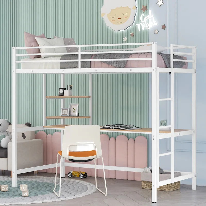 Metal Loft Bed with Desk, Ladder, and Shelves for Kids and Teens