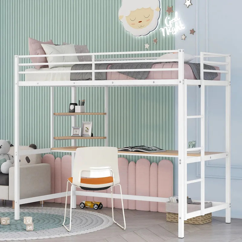 Metal Loft Bed with Desk, Ladder and Shelve for Kids, Teens, Girls, Boys