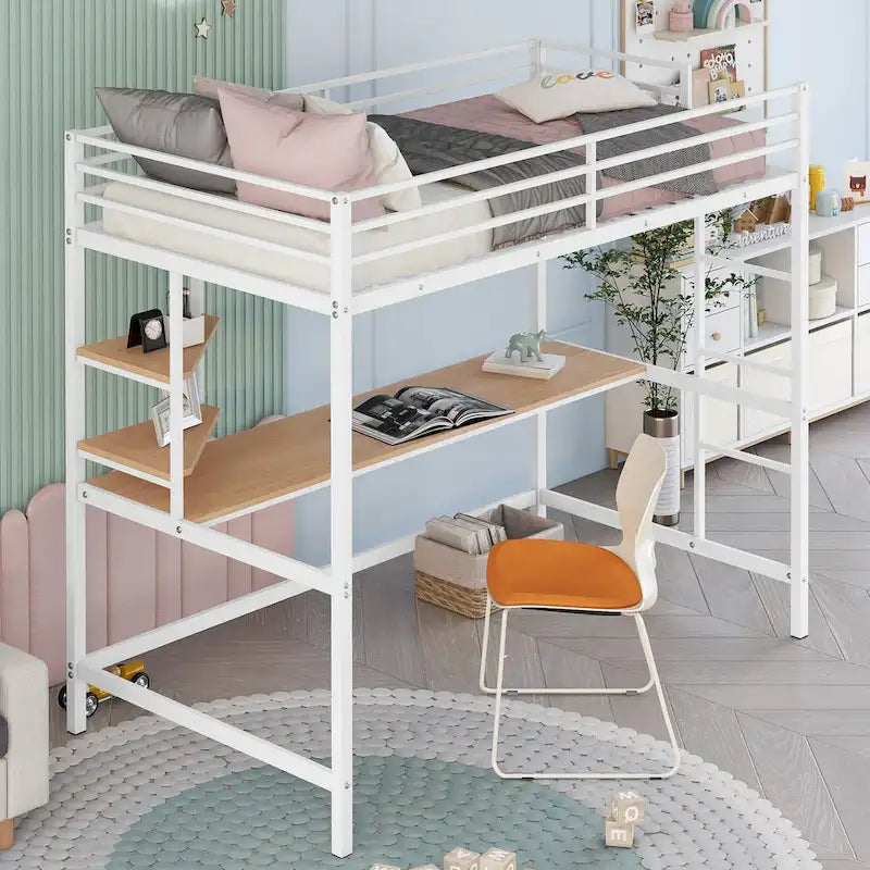 Metal Loft Bed with Desk, Ladder, and Shelves for Kids and Teens