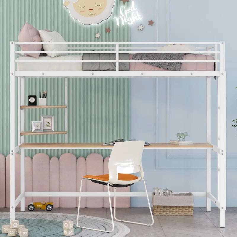 Metal Loft Bed with Desk, Ladder, and Shelves for Kids and Teens
