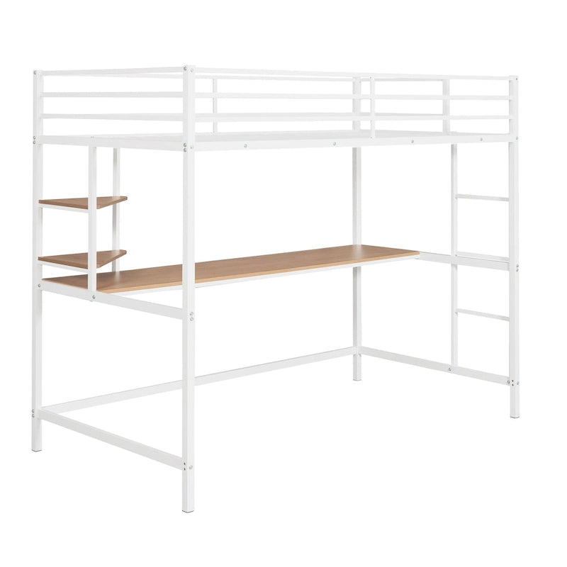 Metal Loft Bed with Desk, Ladder, and Shelves for Kids and Teens