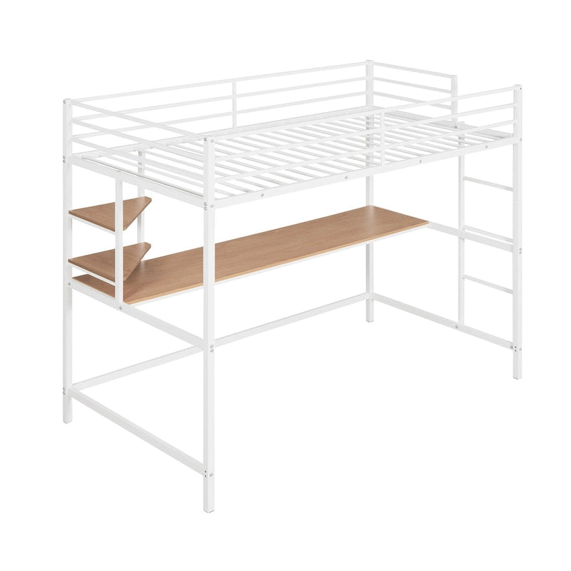 Metal Loft Bed with Desk, Ladder, and Shelves for Kids and Teens