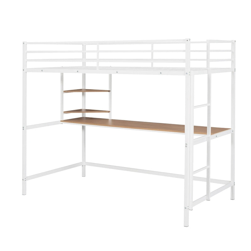 Metal Loft Bed with Desk, Ladder, and Shelves for Kids and Teens