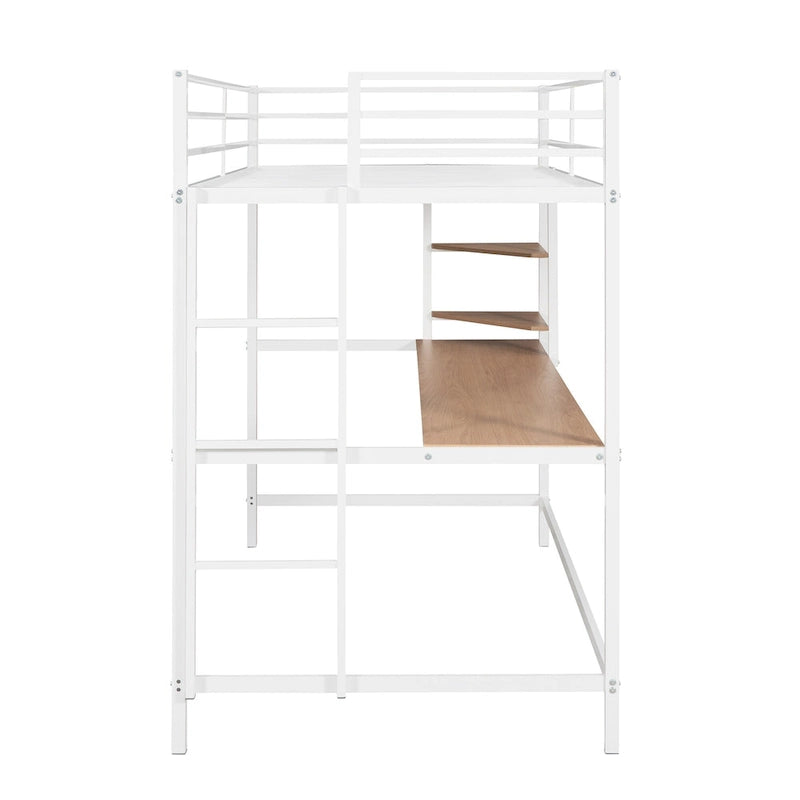 Metal Loft Bed with Desk, Ladder, and Shelves for Kids and Teens