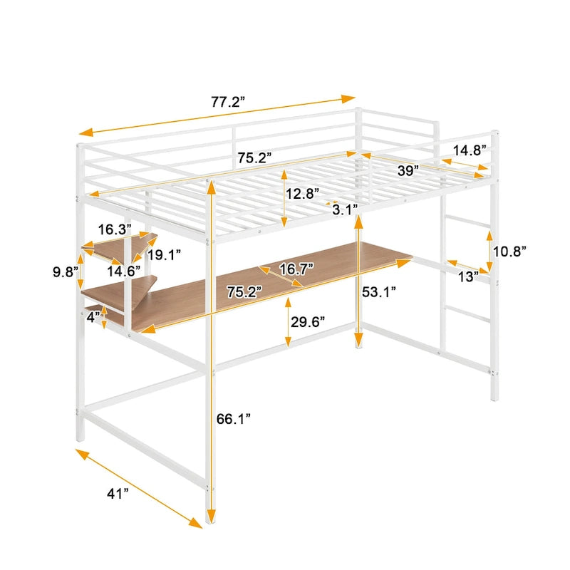Metal Loft Bed with Desk, Ladder, and Shelves for Kids and Teens