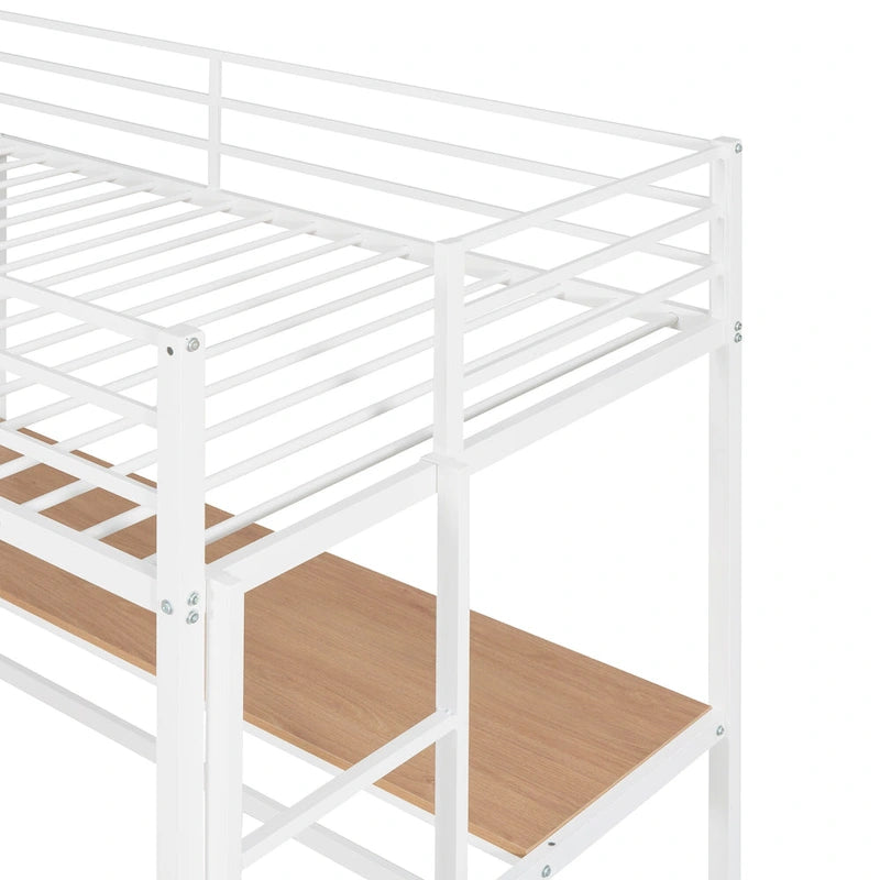 Metal Loft Bed with Desk, Ladder, and Shelves for Kids and Teens