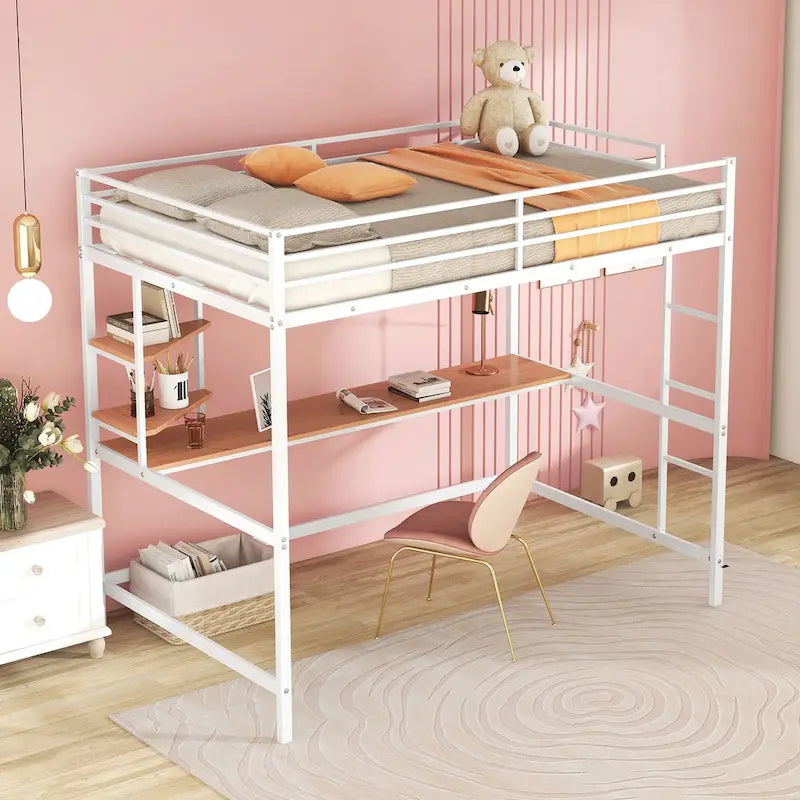 Metal Loft Bed with Desk, Ladder, and Shelves for Kids and Teens