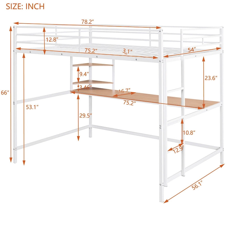 Metal Loft Bed with Desk, Ladder, and Shelves for Kids and Teens