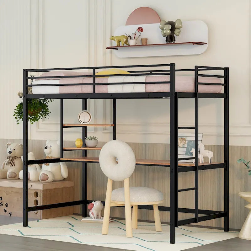 Metal Loft Bed with Desk, Ladder, and Shelves for Kids and Teens