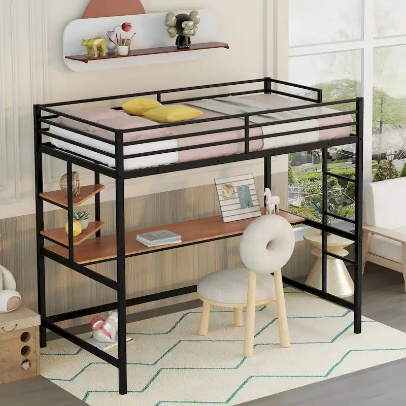 Metal Loft Bed with Desk, Ladder, and Shelves for Kids and Teens