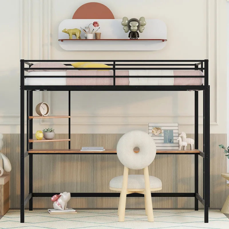 Metal Loft Bed with Desk, Ladder, and Shelves for Kids and Teens