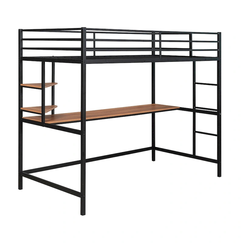Metal Loft Bed with Desk, Ladder, and Shelves for Kids and Teens