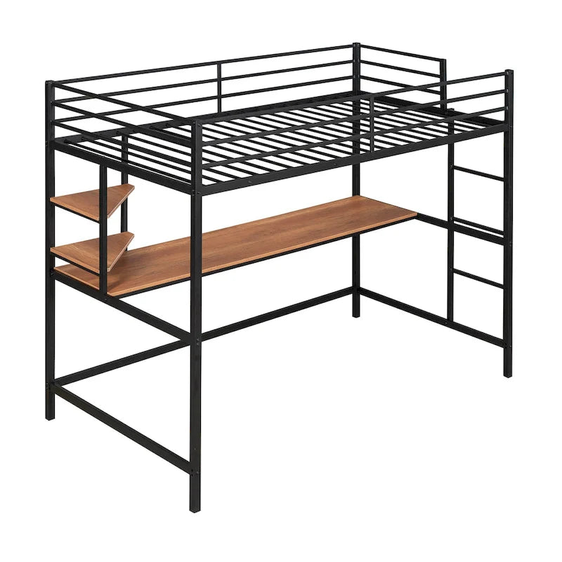 Metal Loft Bed with Desk, Ladder, and Shelves for Kids and Teens