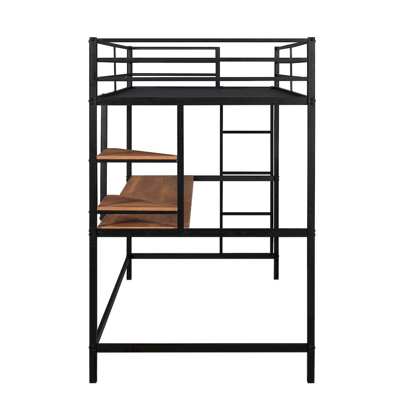 Metal Loft Bed with Desk, Ladder, and Shelves for Kids and Teens